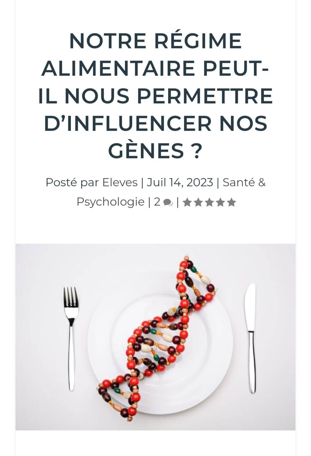 capture d'écran d'un article de blog sur l'épigénétique et l'alimentation