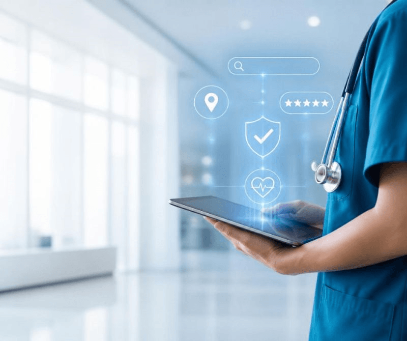 médecin avec une tablette gérant sa communication en ligne